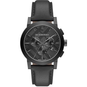 Burberry Men's Swiss Made Leather Strap Dark Grey Check Stamped Dial 42mm Watch BU9364
