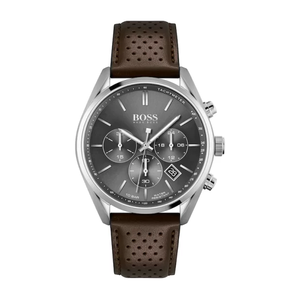 Hugo Boss Men’s Quartz Leather Strap Gray Dial 44mm Watch 1513815