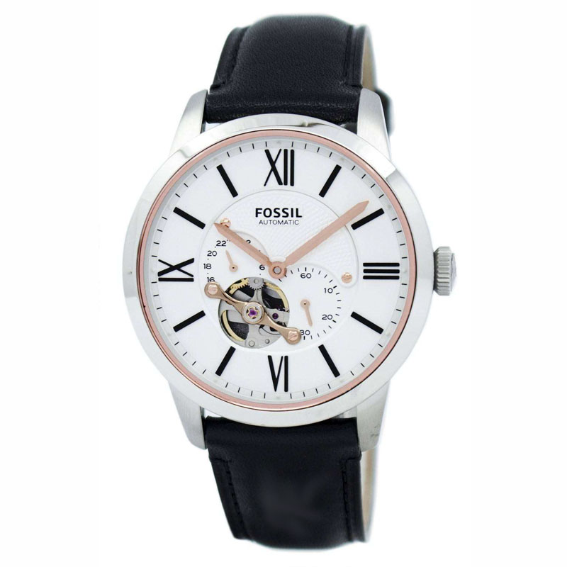 Fossil Men’s Automatic Black Leather Strap White Dial 44mm Watch ME3104 ...