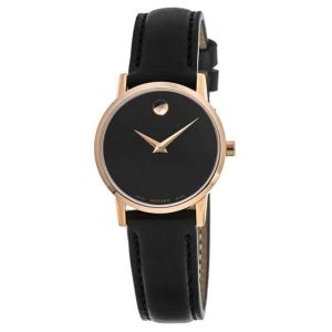 Movado Women’s Swiss Made Quartz Leather Strap Black Dial 28mm Watch 607276