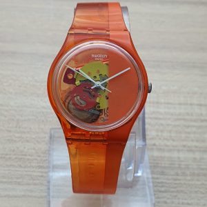 Swatch Women’s Swiss Made Quartz Silicone Strap Transparent Orange Dial 34mm Watch YLS0672