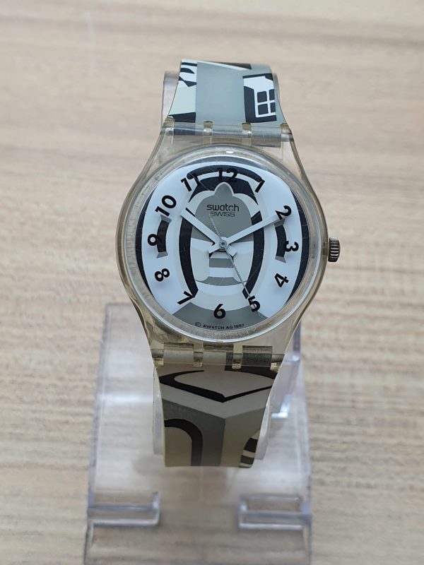 Swatch Women’s Swiss Made Quartz Silicone Strap Transparent Black & White Dial 34mm Watch YLS1992