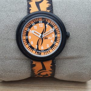 Flik Flak by SWATCH Kid’s Swiss Made Quartz Nylone Strap Orange Dial 32mm Watch ETA0685