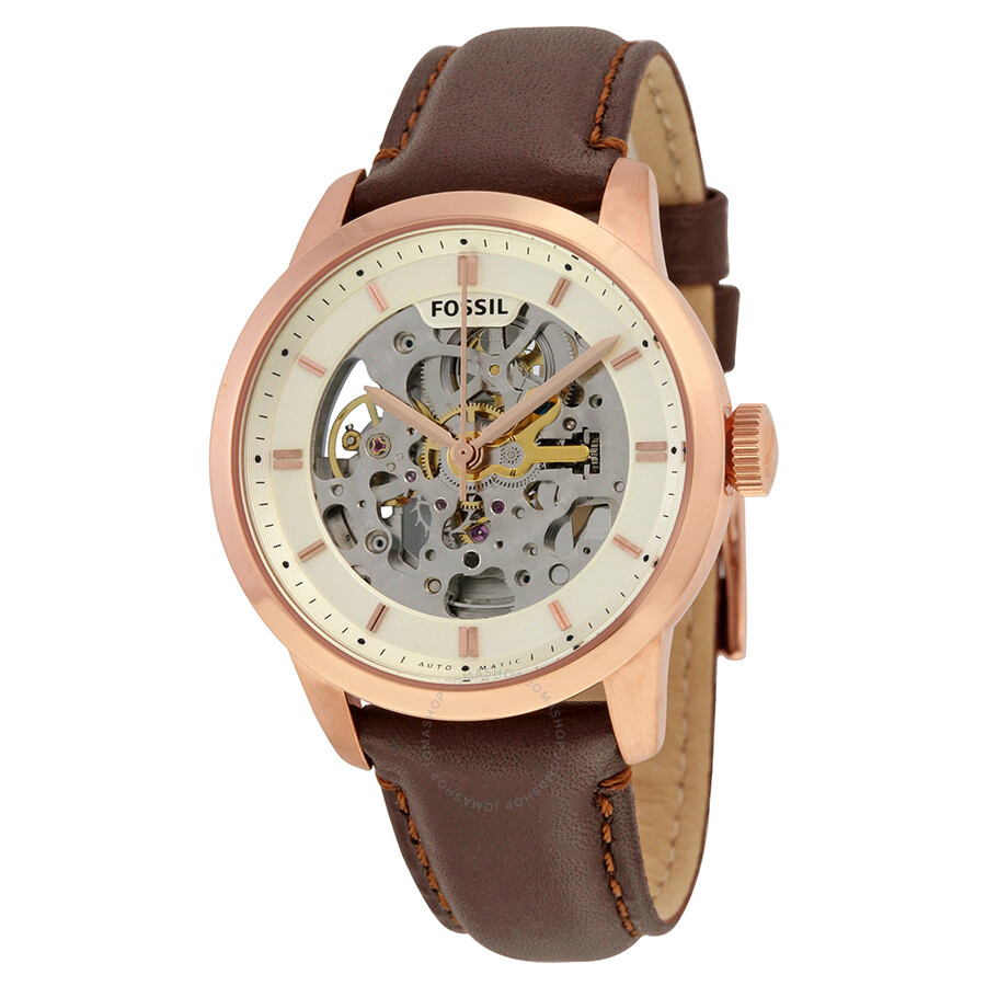 Fossil Men’s Automatic Leather Strap Beige Skeleton Dial 40mm Watch ...