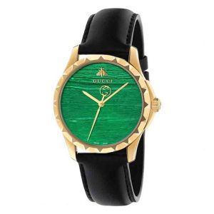 Gucci Men’s Swiss Made Quartz Leather Strap Green Dial 38mm Watch YA126463