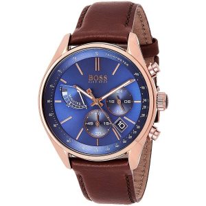 Hugo Boss Men’s Chronograph Leather Strap Blue Dial 44mm Watch 1513604