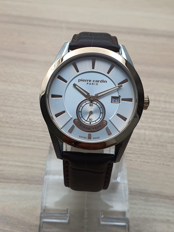 Pierre Cardin Men’s Swiss Made Quartz Leather Strap Silver White Dial 44mm Watch PC108031504X