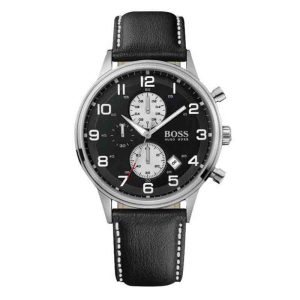 Hugo Boss Men’s Quartz Leather Strap Black Dial 44mm Watch 1512569