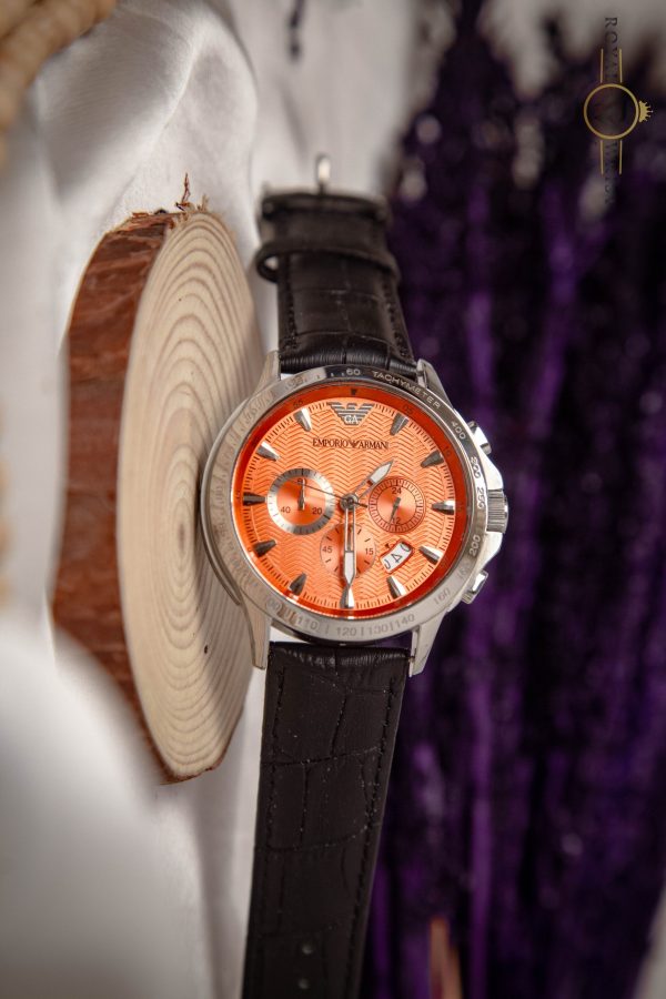 Emporio Armani Men’s Quartz Leather Strap Orange Dial 44mm Watch AR0652