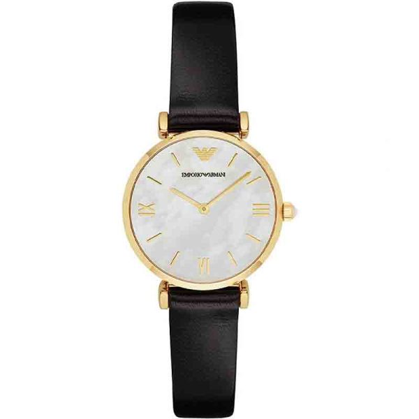 Emporio Armani Women’s Quartz Black Leather Strap Mother of Pearl Dial 32mm Watch AR1910