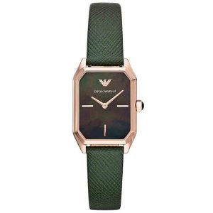 Emporio Armani Women’s Quartz Green Leather Strap Black Mother of Pearl Dial 24mm Watch AR11149
