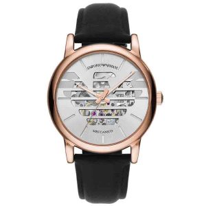Emporio Armani Men’s Automatic Black Leather Strap Silver Dial 43mm Watch AR60031