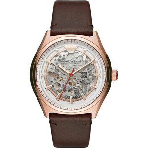 Emporio Armani Men’s Automatic Brown Leather Strap Silver Skeleton Dial 43mm Watch AR60005