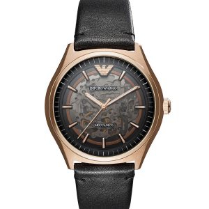Emporio Armani Men’s Automatic Black Leather Strap Black Dial 43mm Watch AR60004