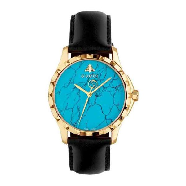 Gucci Men’s Swiss Made Quartz Black Leather Strap Turquoise Blue Dial 38mm Watch YA126462