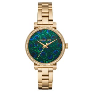 Michael Kors Women’s Quartz Gold Stainless Steel Blue Peacock Motif Dial 36mm Watch MK3946