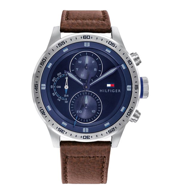 Tommy Hilfiger Men’s Quartz Brown Leather Strap Blue Dial 46mm Watch 1791807
