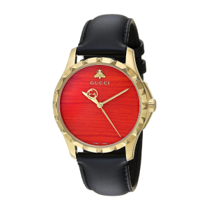 Gucci Men’s Swiss Made Quartz Black Leather Strap Coral Red Dial 38mm Watch YA126464
