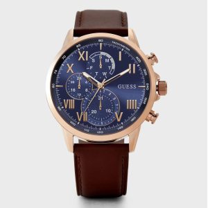 Guess Men’s Quartz Brown Leather Strap Blue Dial 44mm Watch GW0011G4