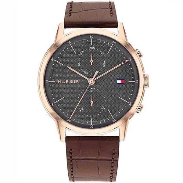 Tommy Hilfiger Men’s Quartz Brown Leather Strap Grey Dial 44mm Watch 1710435