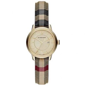 Burberry Women’s Swiss Made Quartz Check Fabric Coated Leather Strap Check Stamped Dial 32mm Watch BU10104