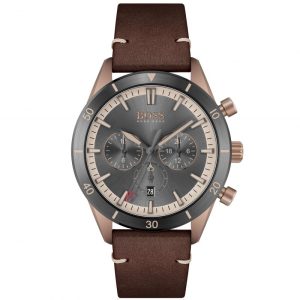 Hugo Boss Men’s Chronograph Quartz Brown Leather Strap Grey Dial 44mm Watch 1513861