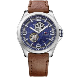 Tommy Hilfiger Men’s Automatic Brown Leather Strap Blue Dial 46mm Watch 1791278