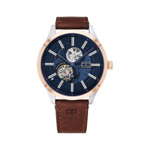 Tommy Hilfiger Men’s Automatic Brown Leather Strap Blue Dial 44mm Watch 1791642