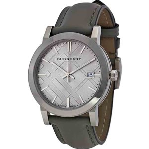 Burberry Women’s Swiss Made Quartz Grey Leather Strap Light Grey Check Stamped Dial 38mm Watch BU9036