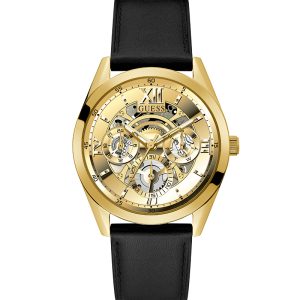 Guess Men’s Quartz Black Leather Strap Gold Dial 42mm Watch GW0389G2