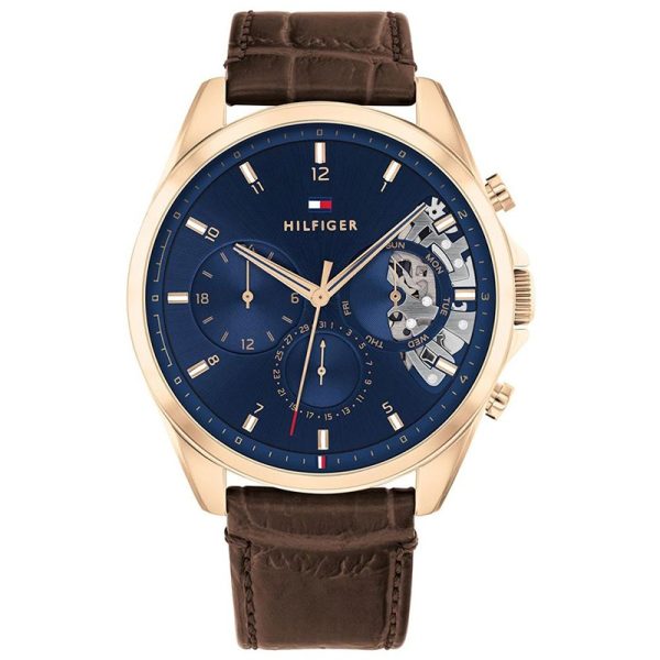 Tommy Hilfiger Men’s Quartz Brown Leather Strap Blue Dial 44mm Watch 1710453