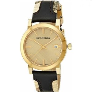 Burberry Men’s Swiss Made Quartz Black Check Stamped Leather Strap Gold Dial 38mm Watch BU9032