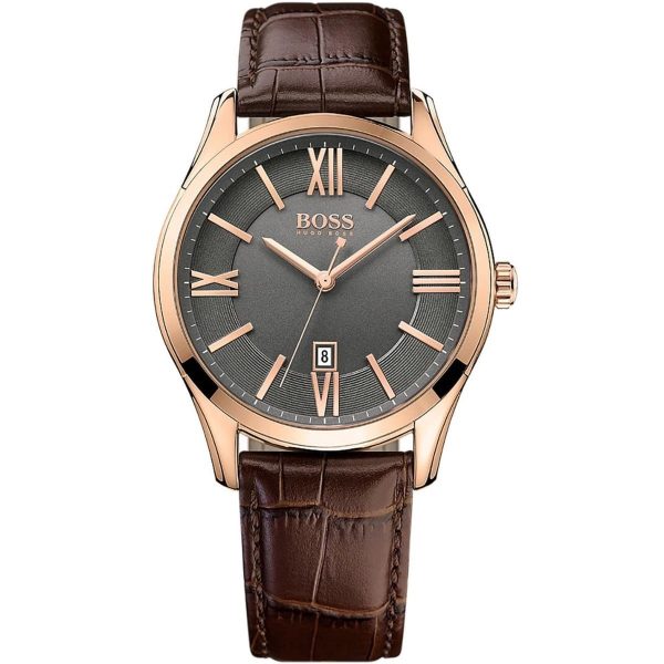 Hugo Boss Men’s Quartz Brown Leather Strap Grey Dial 43mm Watch 1513387