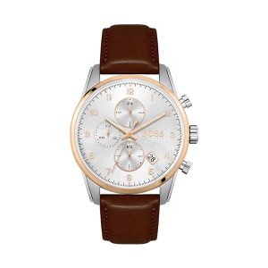 Hugo Boss Men’s Quartz Brown Leather Strap Silver Dial 44mm Watch 1513786