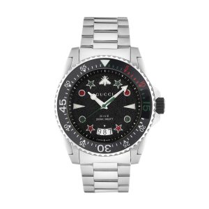 Gucci Men’s Swiss Made Quartz Silver Stainless Steel Black Dial 45mm Watch YA136221