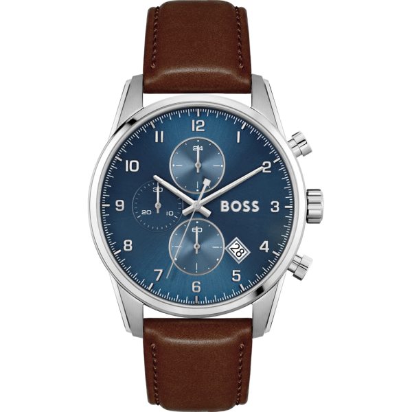 Hugo Boss Men’s Quartz Brown Leather Strap Blue Dial 44mm Watch 1513940
