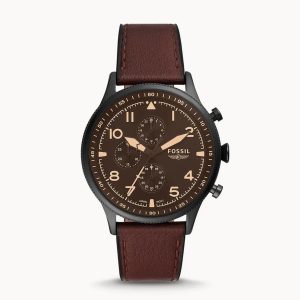 Fossil Men’s Chronograph Quartz Brown Leather Strap Black Dial 44mm Watch FS5833