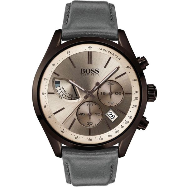 Hugo Boss Men’s Quartz Grey Leather Strap Gold Dial 44mm Watch 1513603