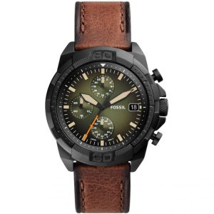 Fossil Men’s Chronograph Quartz Brown Leather Strap Green Dial 44mm Watch FS5856