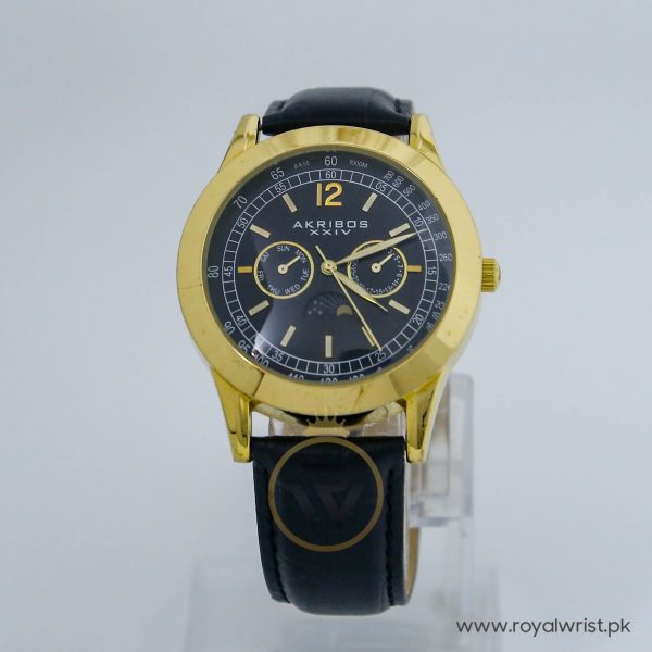 Akribos Men’s Quartz Black Leather Strap Black 44mm Dial Watch AK666XYGB