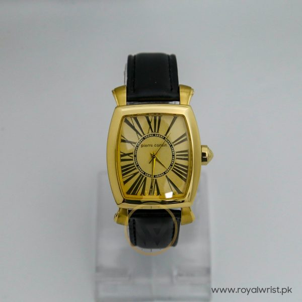 Pierre Cardin Men’s Swiss Made Quartz Black Leather Strap Gold Dial 36mm Watch PC10025-1