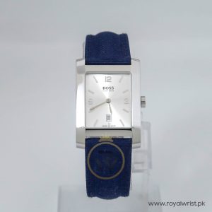 Hugo Boss Men’s Swiss Made Quartz Blue Leather & Nylon Strap Silver Dial 28mm Watch HB75835
