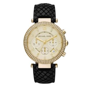 Michael Kors Women’s Quartz Black Leather Strap Gold Dial 39mm Watch MK2316