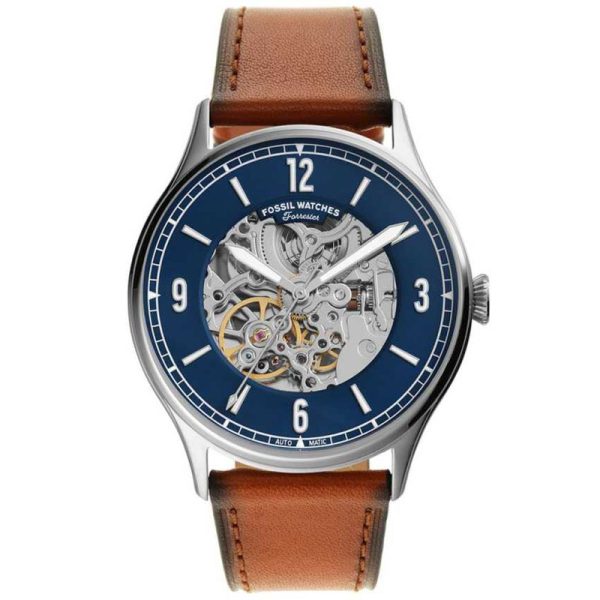Fossil Men’s Automatic Brown Leather Strap Blue Skeleton Dial 42mm Watch ME3179