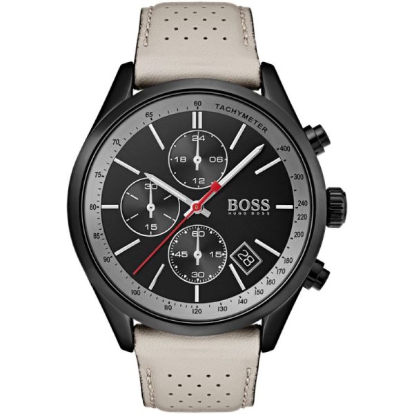 Hugo Boss Men’s Quartz Beige Leather Strap Black Dial 44mm Watch 1513562
