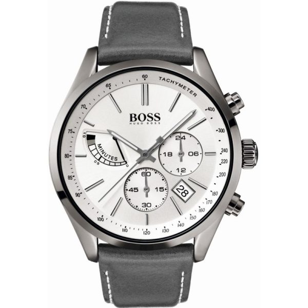 Hugo Boss Men’s Quartz Grey Leather Strap Off-White Dial 44mm Watch 1513633