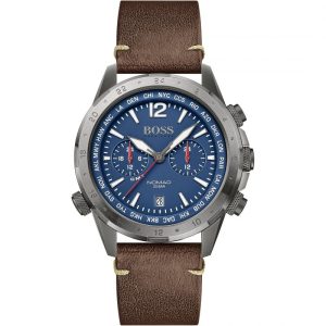Hugo Boss Men’s Quartz Brown Leather Strap Blue Dial 45mm Watch 1513773