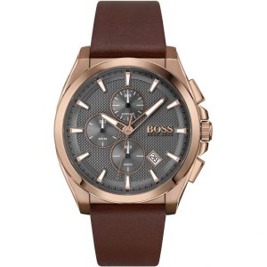 Hugo Boss Men’s Quartz Brown Leather Strap Grey Dial 46mm Watch 1513882