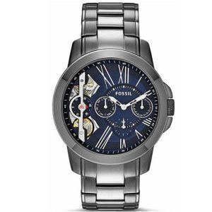 Fossil Men’s Mechanical Grey Stainless Steel Blue Skeleton Dial 44mm Watch ME1146