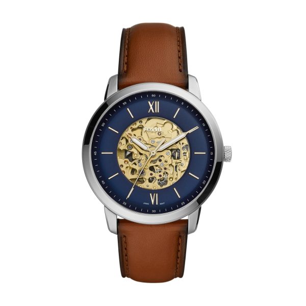 Fossil Men’s Automatic Brown Leather Strap Blue Skeleton Dial 44mm Watch ME3160